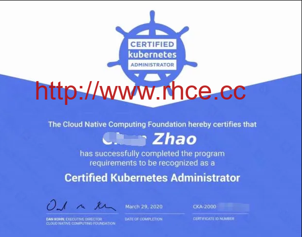 祝贺赵同学在参加CKA培训之后，顺利通过CKA考试